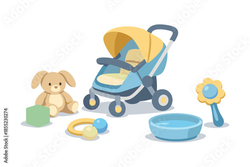 Cute pastel baby items: stroller, toy, and accessories in flat design