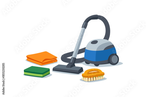 Cleaning equipment set: vacuum, sponge, brush, and cloth on white background