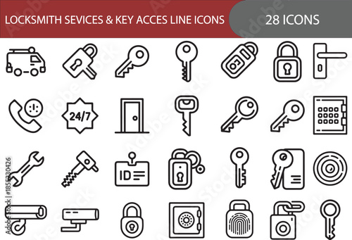 Locksmith services and key access icon set. Containing keys, padlocks, safe box, security camera, door handle, car key, 24/7 service, and more.