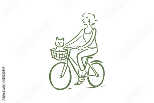 Woman riding bicycle with dog in basket sketch vector illustration