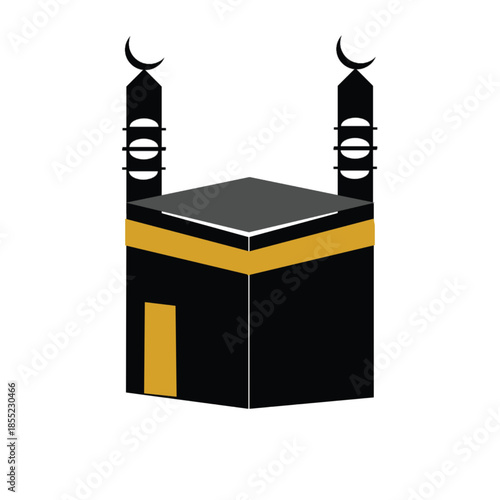 A graphic illustration of the Kaaba, featuring a black cube with a gold stripe, door, and two stylized minarets with crescent moons.