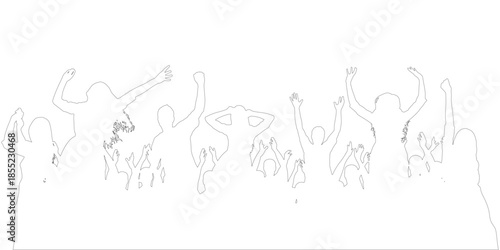 People contours cheering with hands raised, dancing and celebrating at a party or concert. Vector illustration