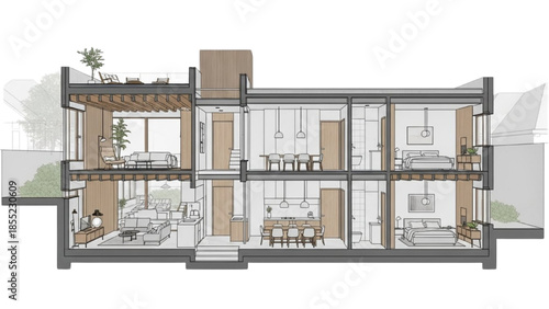 Architectural cross-section of a modern multi-story residential building with detailed interior views