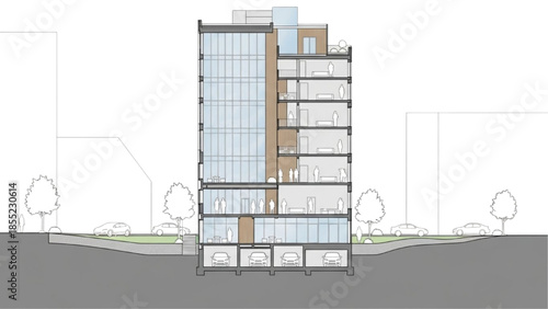 Detailed Architectural Cross-Section Revealing Multi-Level Structure and Functional Layout of a Modern Urban Building