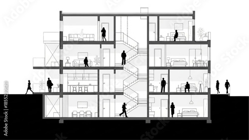 Architectural Cross-Section of a Modern Building with People and Interior Spaces