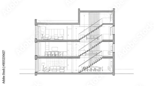 Detailed Architectural Cross-Section Plan Showcasing Multi-Story Building Structure and Interior Design Layout