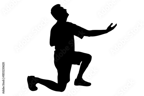 Silhouette of a man kneeling, looking up with arms raised, expressing strong emotion. Vector illustration