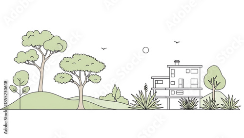 Serene minimalist line art illustration of a modern house nestled in a green landscape with trees and hills under a clear sky