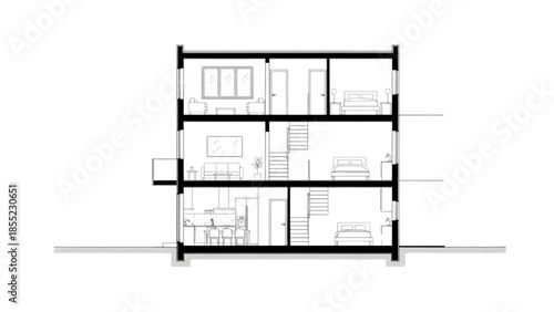 Detailed Architectural Cross-Section Illustrating Multi-Level Residential Building Interior Layout and Design Elements