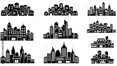 Diverse collection of urban and suburban building silhouettes, featuring city skylines, residential houses, and downtown architecture in a clean vector style