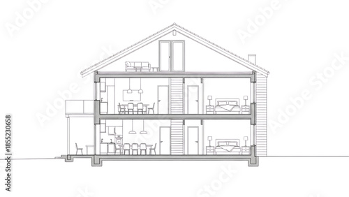 Detailed architectural cross-section illustration revealing a modern two-story house structure with interior design layouts and functional spaces