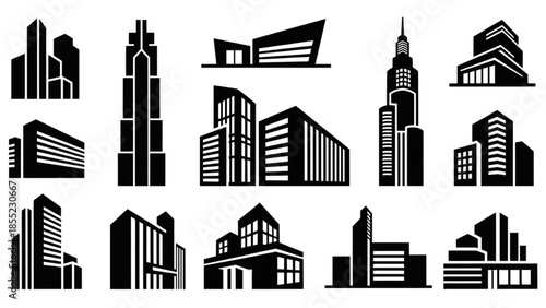 Collection of black and white building icons, representing architecture and urban design