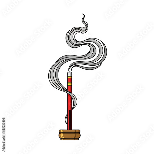Stylized illustration of a red incense stick burning, gracefully emitting fragrant smoke, symbolizing a peaceful spiritual ritual and traditional cultural practice