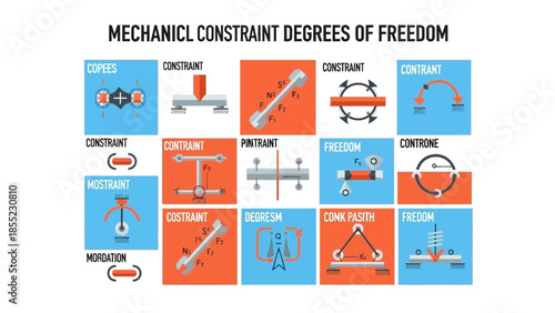 Diagrams illustrating mechanical constraints and degrees of freedom with labels.