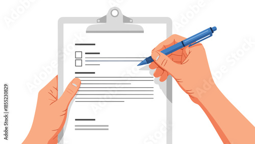 A pair of hands meticulously filling out a checklist or survey on a clipboard with a blue pen, representing task completion, planning, and evaluation.