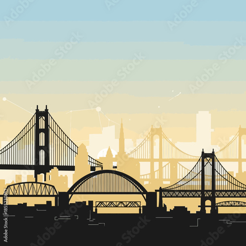 Cityscape with multiple suspension and arch bridges silhouetted.