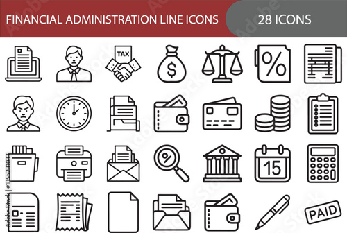 Financial administration icon set. Containing money bag, calculator, tax form, credit card, scales, wallet, invoice, bank, and more.