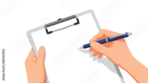 A pair of hands holding a blank clipboard and writing on it with a blue pen, symbolizing note-taking, planning, and creative ideas.