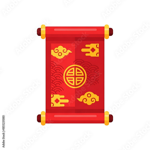 Vibrant Red Chinese Scroll Illustration Adorned with Auspicious Golden Clouds and Traditional Patterns, Symbolizing Prosperity, Good Fortune, and Cultural Celebration