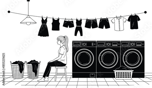 Young woman sitting in laundry room, washing machines, clothes baskets, and drying line, cad drawing flat vector illustration, black and white.