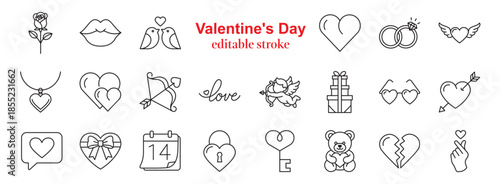 Minimal linear vector icon set for Valentine Day with editable stroke. Romantic love symbols in modern outline style, perfect for cards, posters, social media, apps and branding.