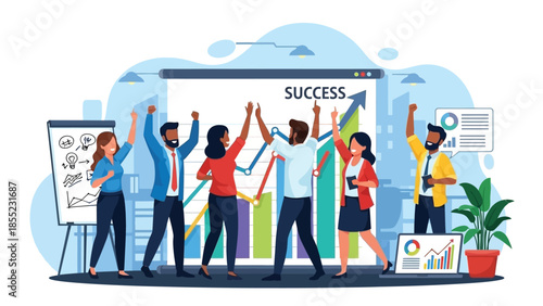 Group of excited professionals celebrate achieving business success by raising their hands in front of a large upward trending growth chart.