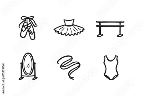 Hand-drawn ballet elements: shoes, tutu, barre, mirror, ribbon, swimsuit