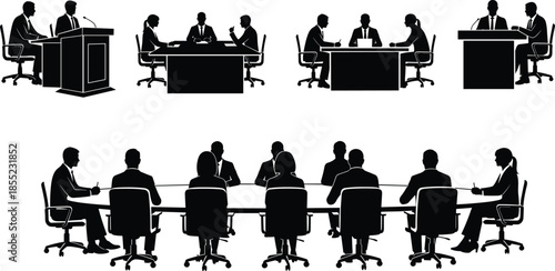Business meeting silhouettes, conference room, boardroom table discussion, interview panels, public speaking podium,