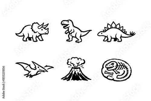 Hand drawn dinosaur icons: t-rex, stegosaurus, triceratops, and more
