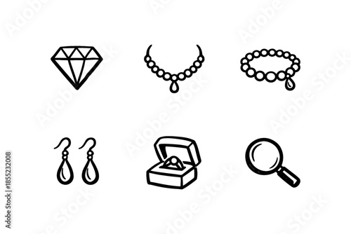 Elegant jewelry icon set: diamond ring, necklace, bracelet, earrings, and magnifying glass
