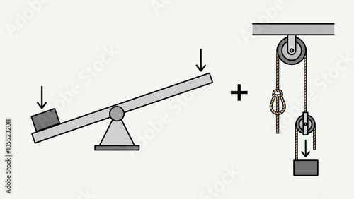 Lever and pulley systems demonstrating mechanical advantage and force.