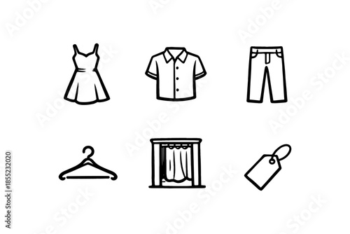 Minimalist fashion icons: dress, shirt, pants, hanger, curtain, tag