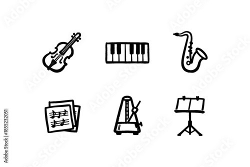 Hand-drawn musical instrument icons: violin, piano, saxophone, sheet music, metronome, stand