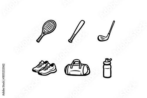 Hand drawn sports equipment icons: tennis, baseball, golf, running gear essentials