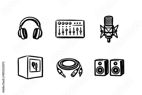 Hand-drawn music studio equipment: headphones, mixer, microphone, soundproof booth, cables, speakers