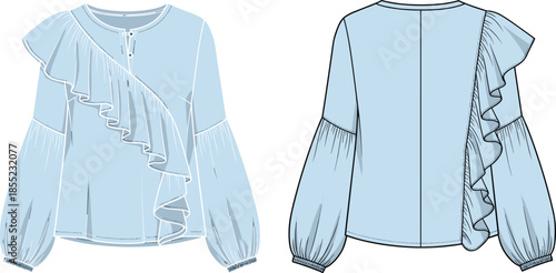 Womens ruffle blouse fashion technical flat illustration with long sleeves, asymmetric design front and back view vector