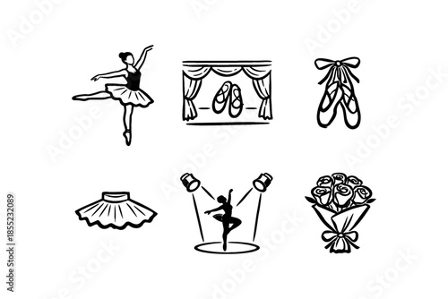 Ballet icons collection: elegant sketches of dance, costume, and stage elements