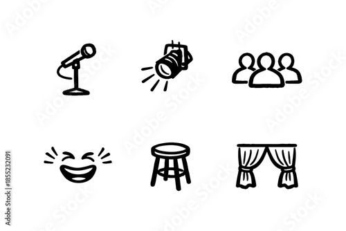 Minimalist comedy elements with microphone and spotlight icons