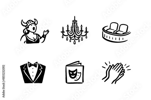 Elegant opera symbols set: diva, chandelier, balcony, tuxedo, applause, masks
