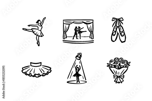 Elegant ballet icons: dancers, costumes, and flowers in hand-drawn style for performing arts themes