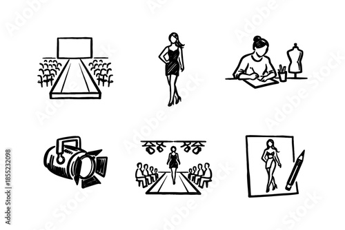 Fashion show icons in hand-drawn style highlighting models and design