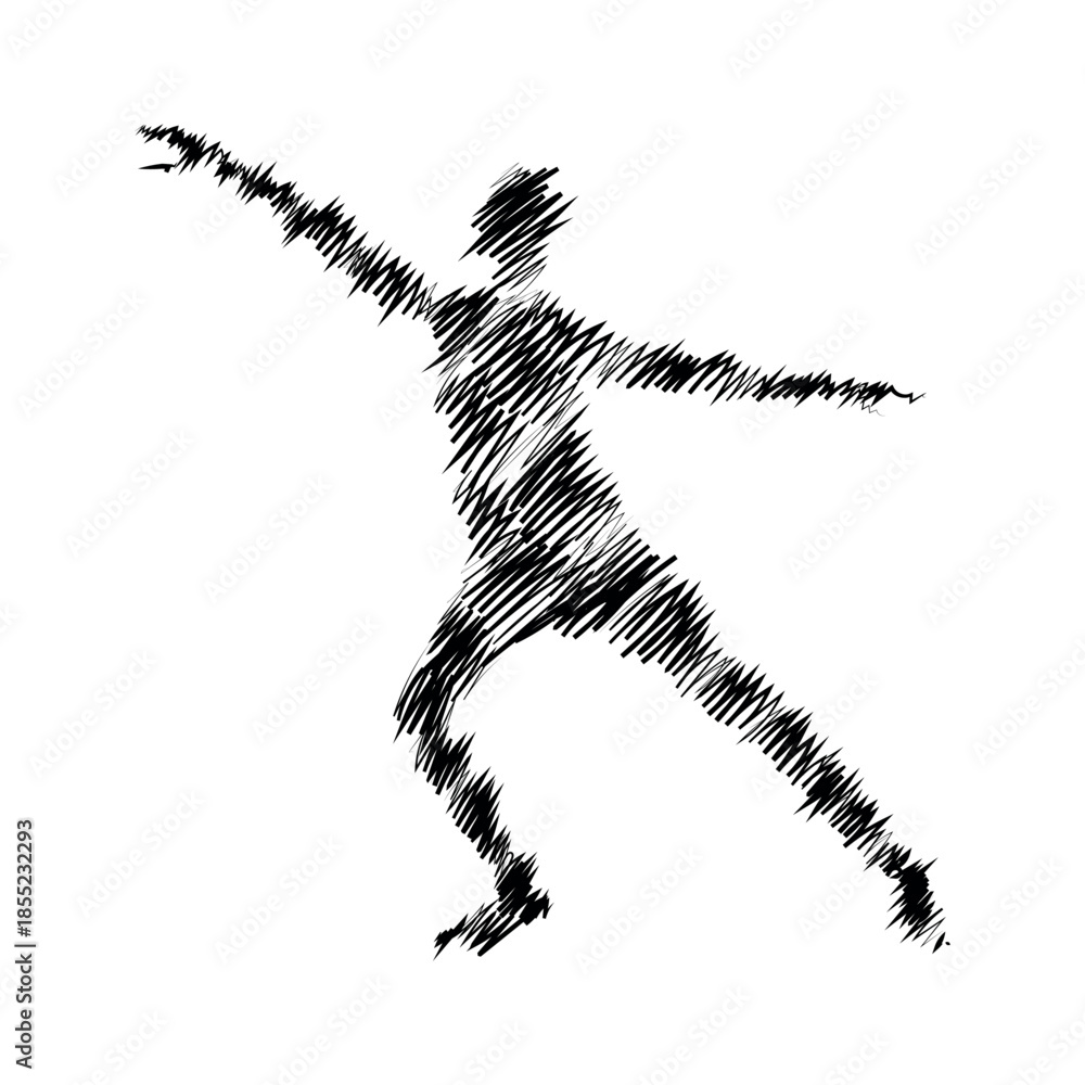 Fototapeta premium Abstract scribble vector illustration of a human figure in a dynamic athletic pose using black hand drawn textured lines on white