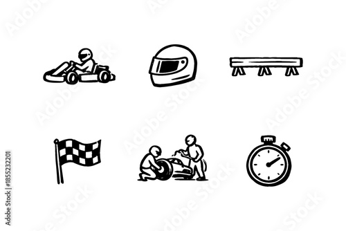 Go kart racing icons: helmet, finish flag, stopwatch, pit crew, podium