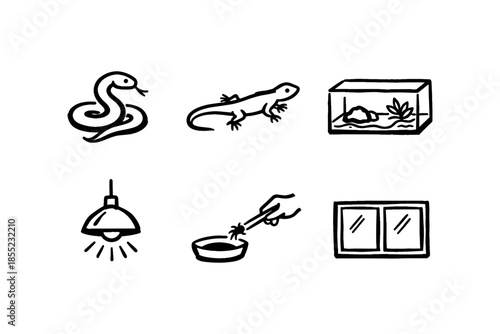 Black and white doodle style pet reptile icons including snake, lizard, and terrarium