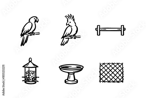 Hand drawn bird icons: parrots, feeders, and accessories