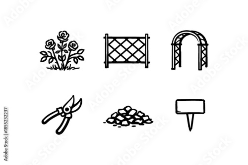 Garden tools and elements: hand drawn icons for landscaping and outdoor design