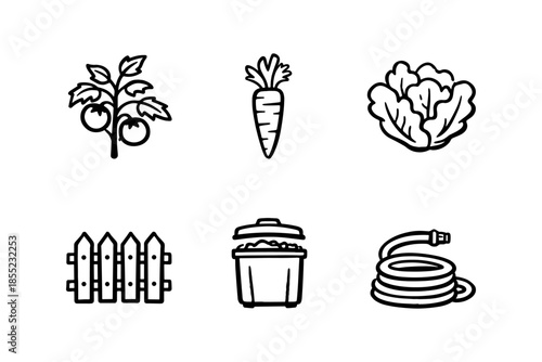 Outline icons of gardening: vegetables and tools in simple design