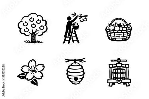 Apple harvest icons collection featuring basket, tree, worker, flower, beehive, and press