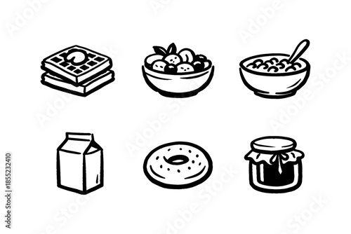 Hand drawn breakfast icons set: waffle, cereal, milk, fruit bowl, bagel, jam