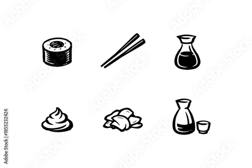 Hand drawn sushi elements with chopsticks and sauces